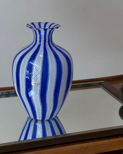 Vintage blue/white Murano latticino vase