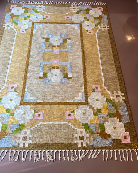 Vintage brown muli-coloured flat weave rug by Ingegerd Silow (IS)