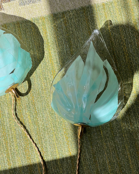 Pair of large vintage blue Murano leaf wall lamps (Sold as a pair)