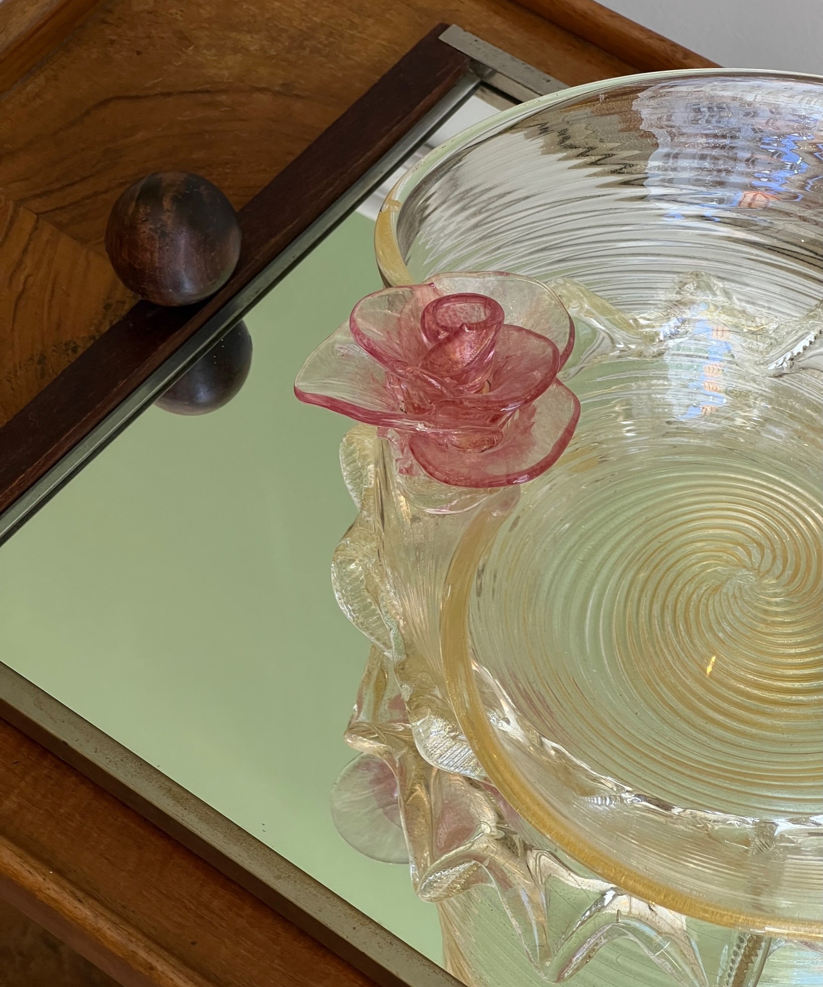 Vintage golden Murano bowl with pink flowers