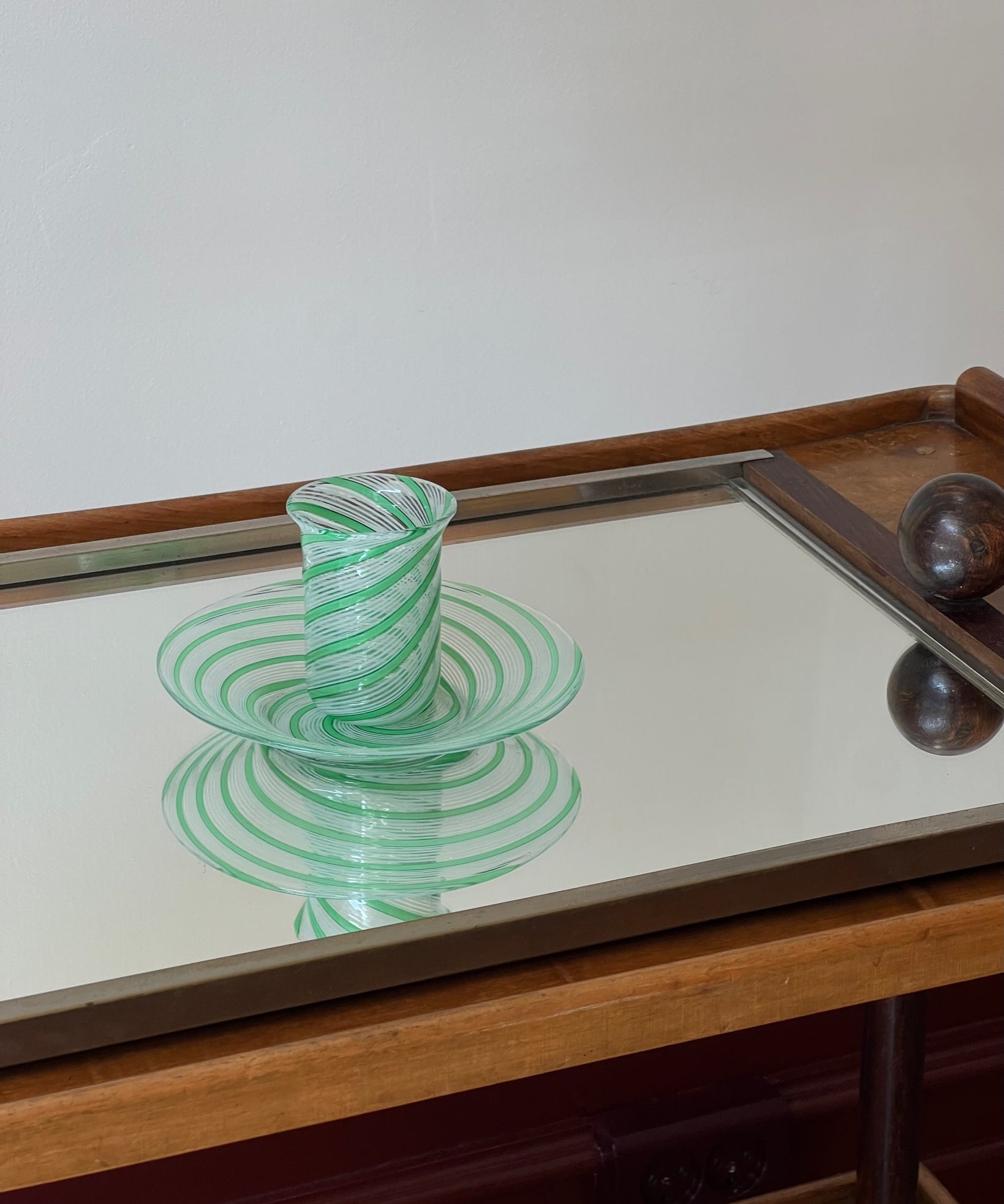 Vintage green/white swirl Murano latticino set with dish and glass