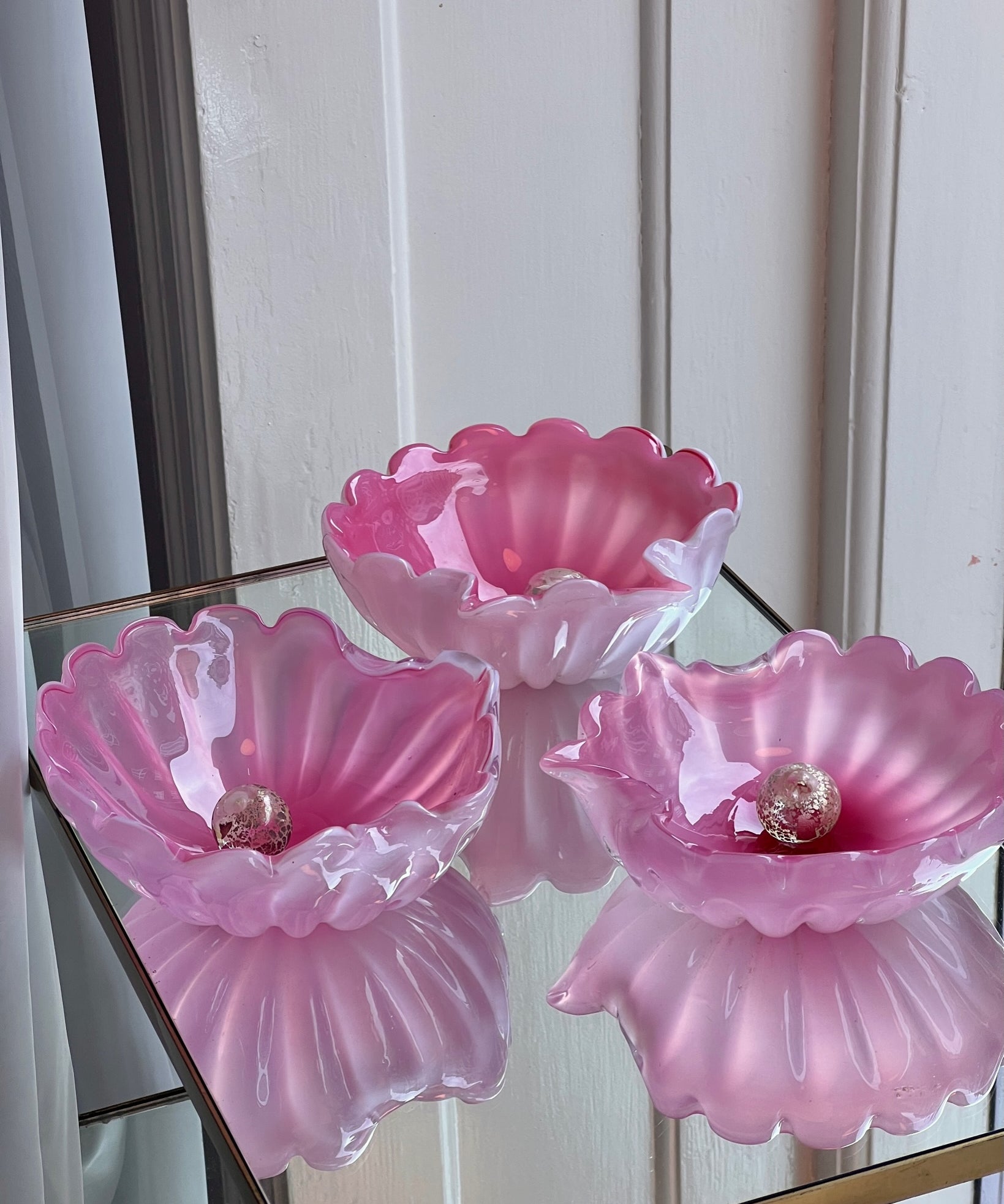 Vintage opal pink Murano shell bowl with pearl