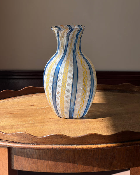 Vintage blue/white/yellow Murano latticino vase