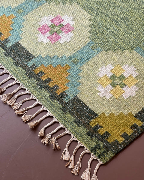 Vintage green flat weave rug by Ragnar Edberg (RE)