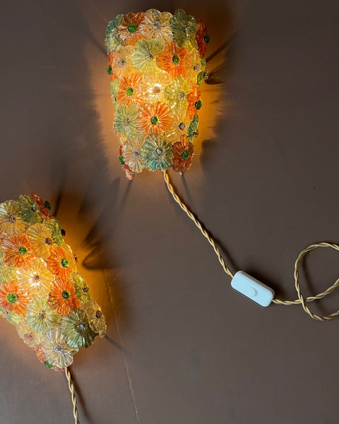 Vintage multi-coloured Murano flower wall lamps (Sold as a pair)