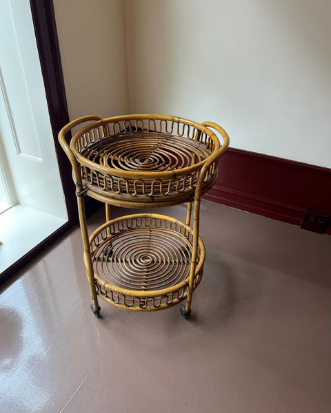 Vintage rattan trolley/table with wheels