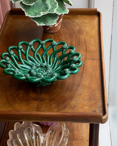 Vintage green ceramic basket