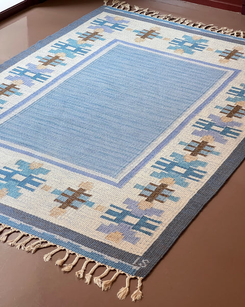 Vintage blue flat weave rug by Ingegerd Silow (IS)