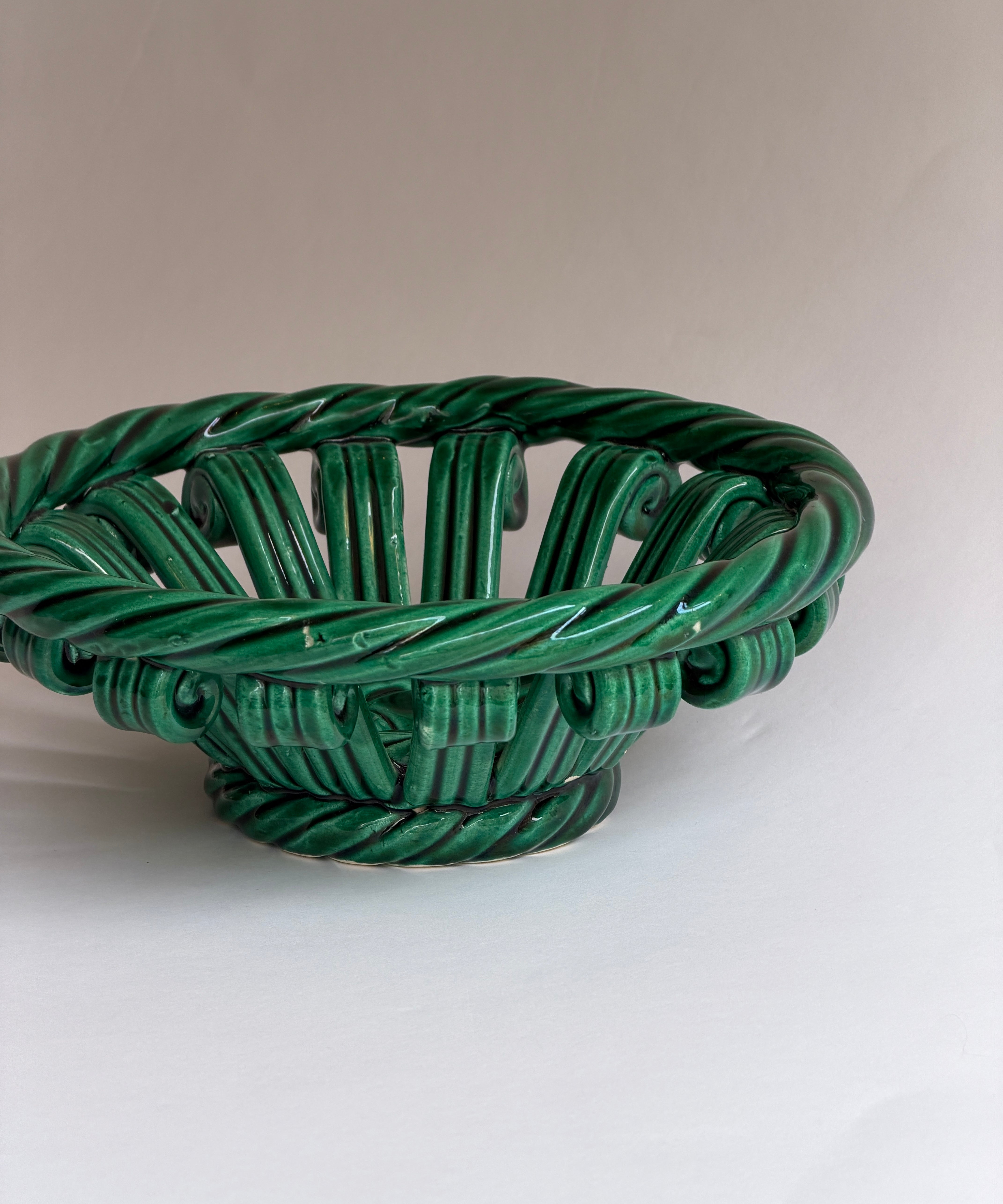 Vintage green ceramic basket