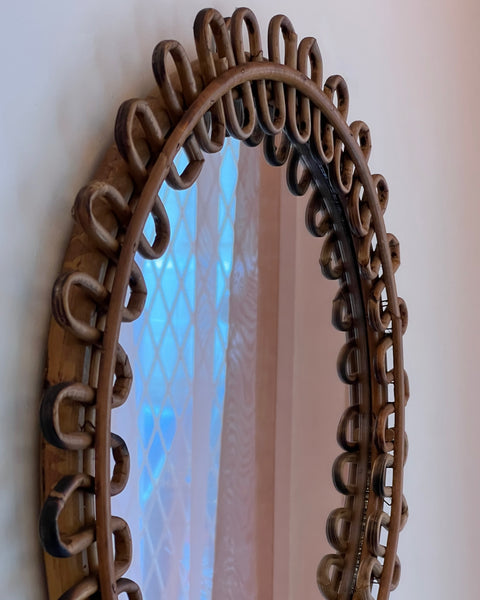 Vintage Italian mirror with round rattan frame