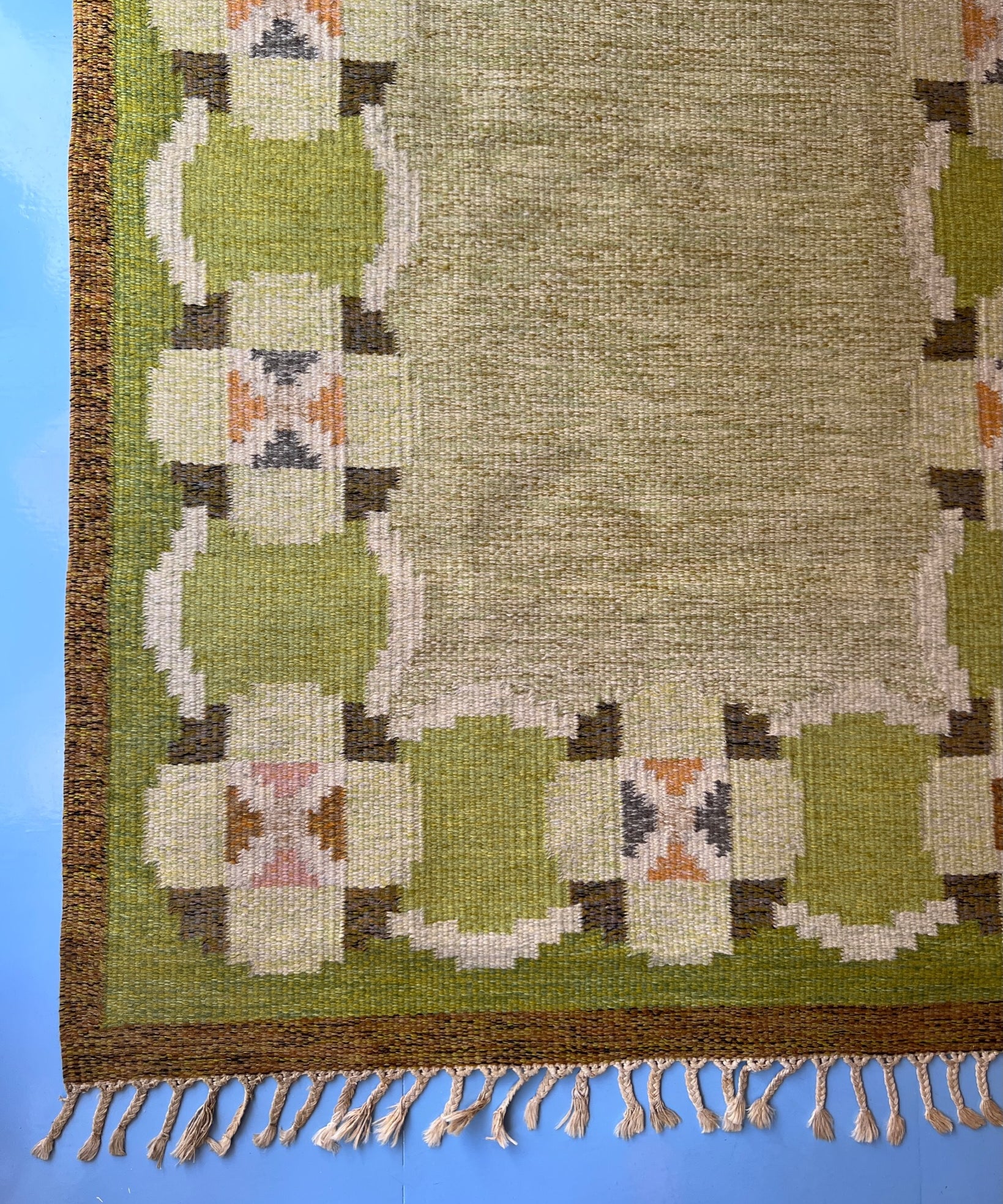 Vintage green flat weave rug by Ingegerd Silow (IS)