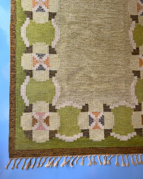 Vintage green flat weave rug by Ingegerd Silow (IS)
