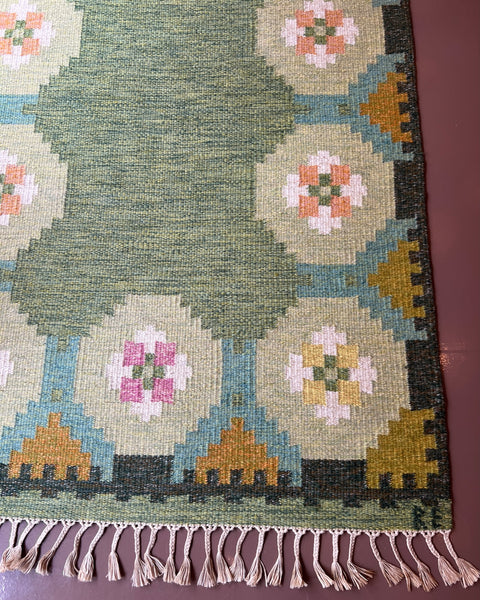 Vintage green flat weave rug by Ragnar Edberg (RE)