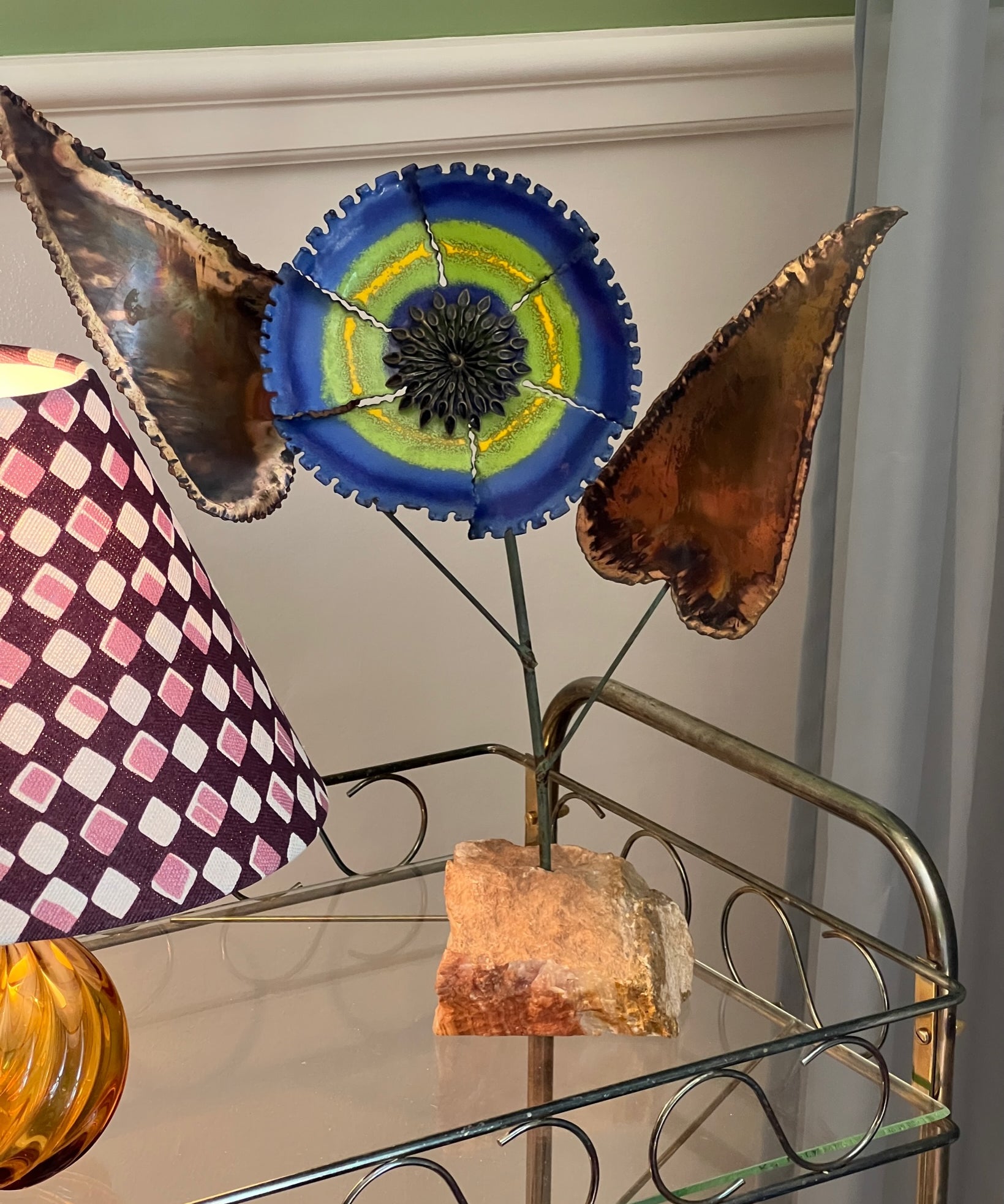 Vintage Curtis Jere blue enamel flower sculpture (stand or wall)