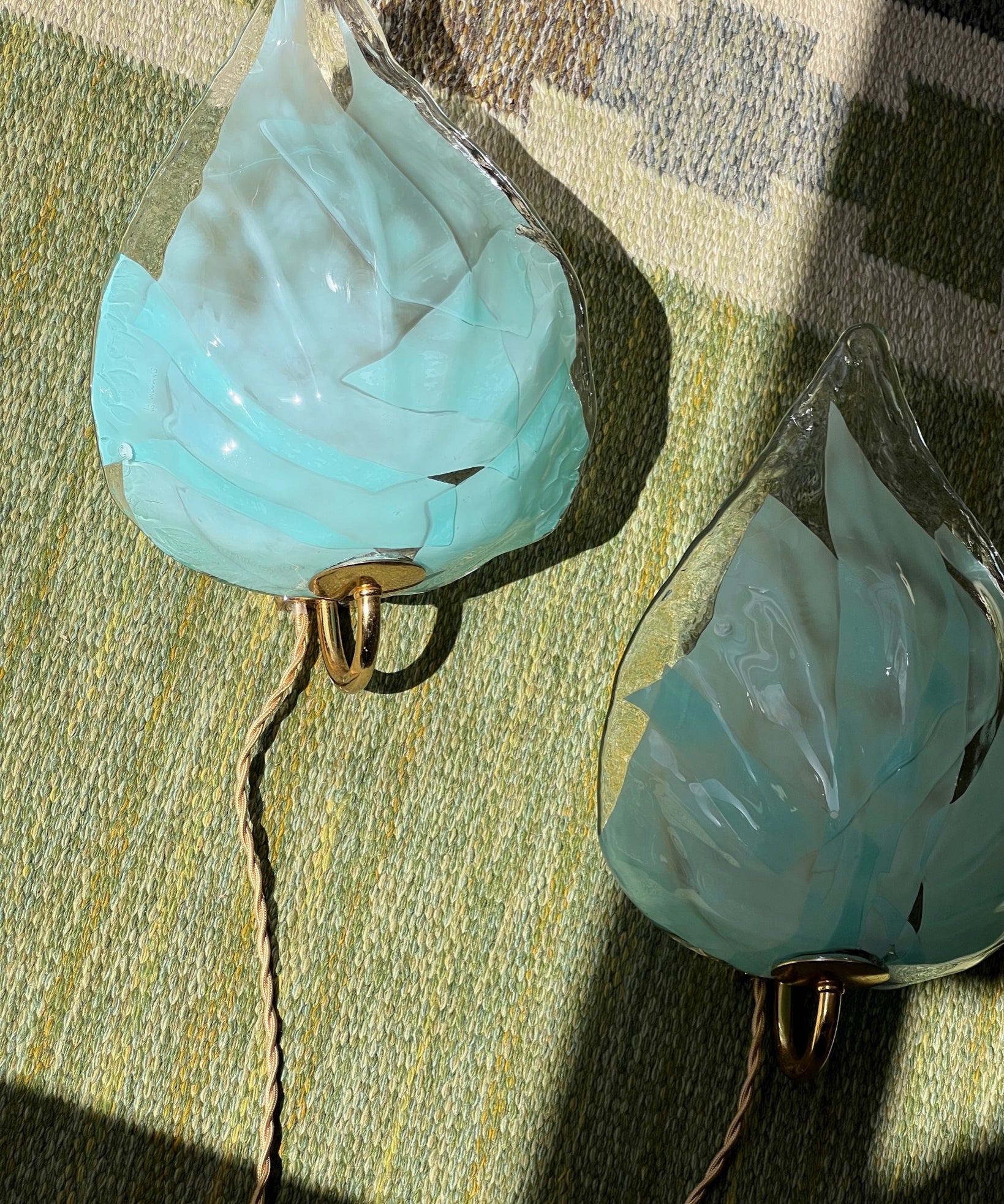 Large vintage blue Murano leaf wall lamps (2 available)