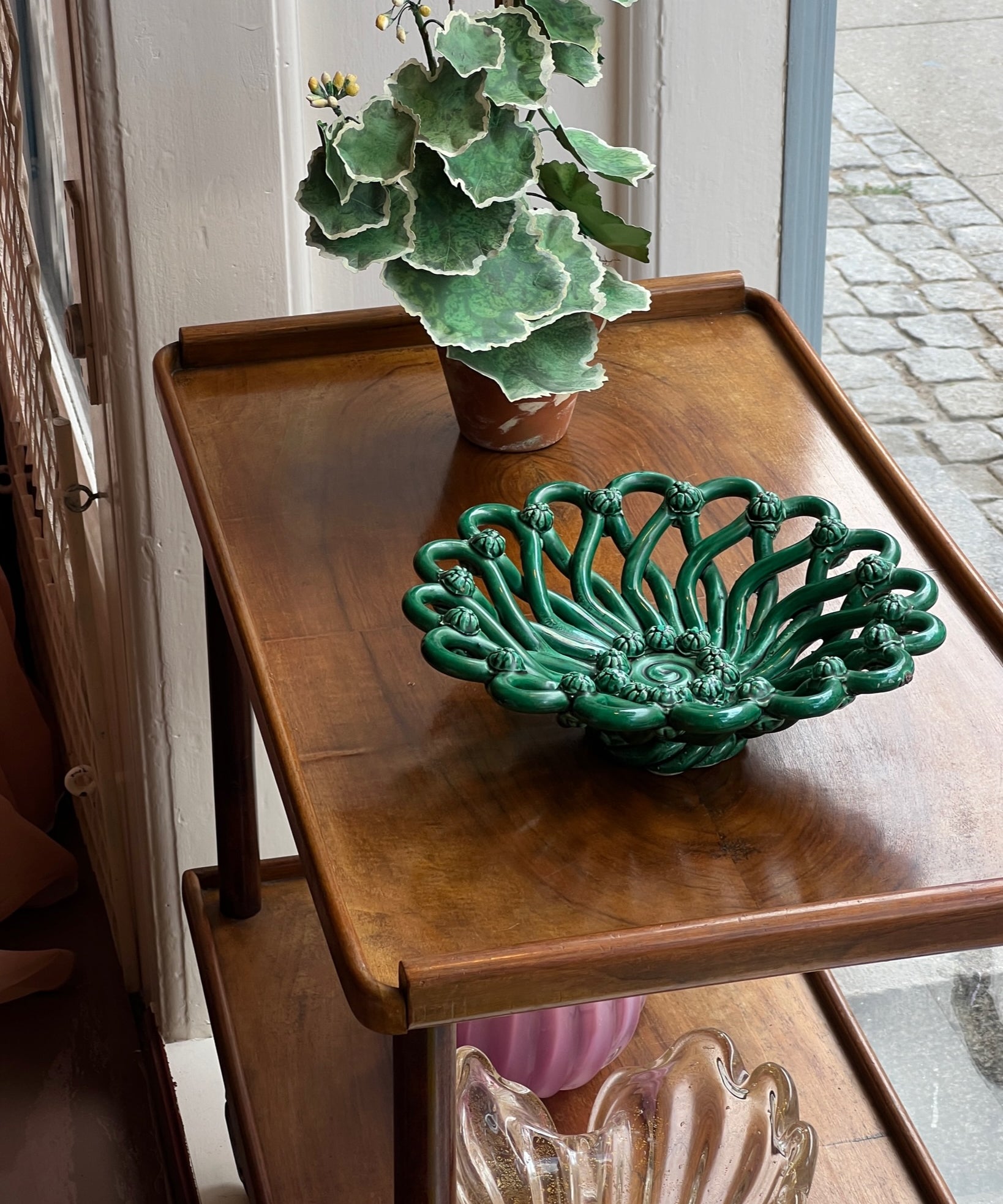 Vintage green ceramic basket