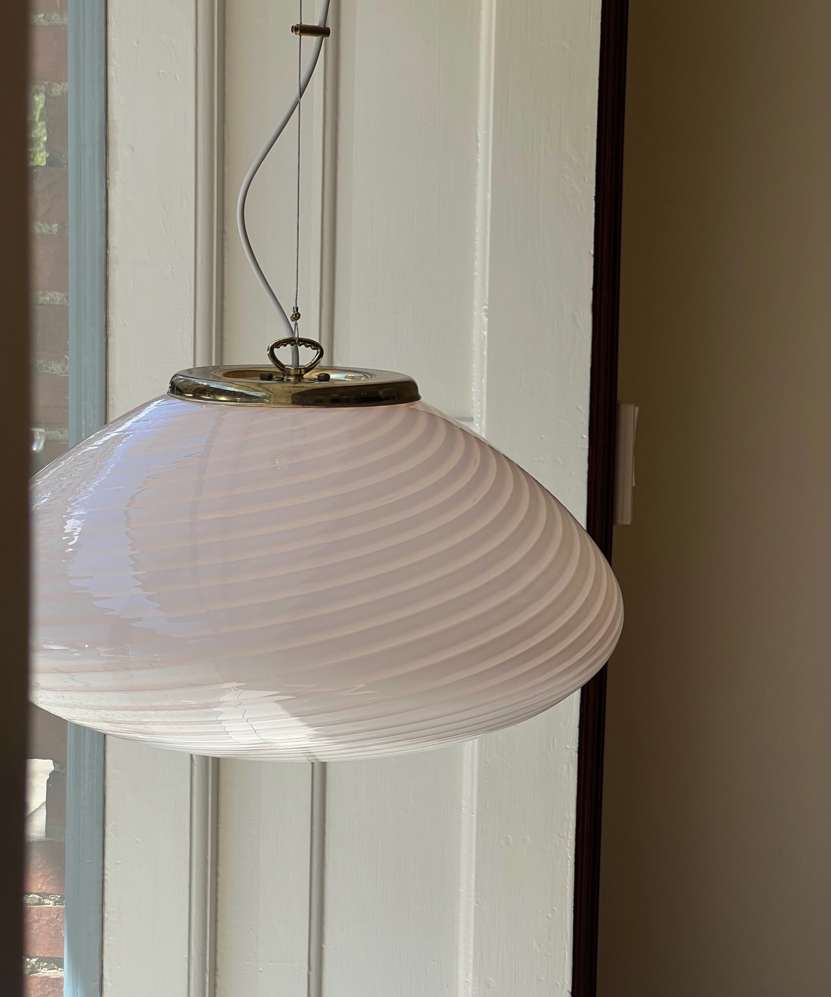 Large vintage oval light pink swirl Murano ceiling lamp (D50)