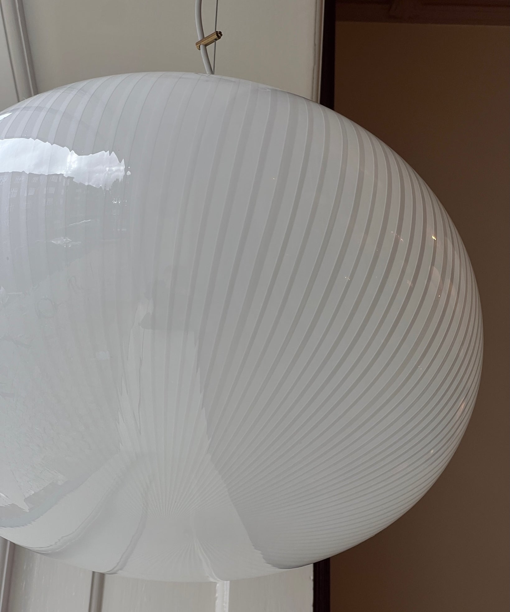 Large vintage oval white vertical stripes Murano ceiling lamp (D50)