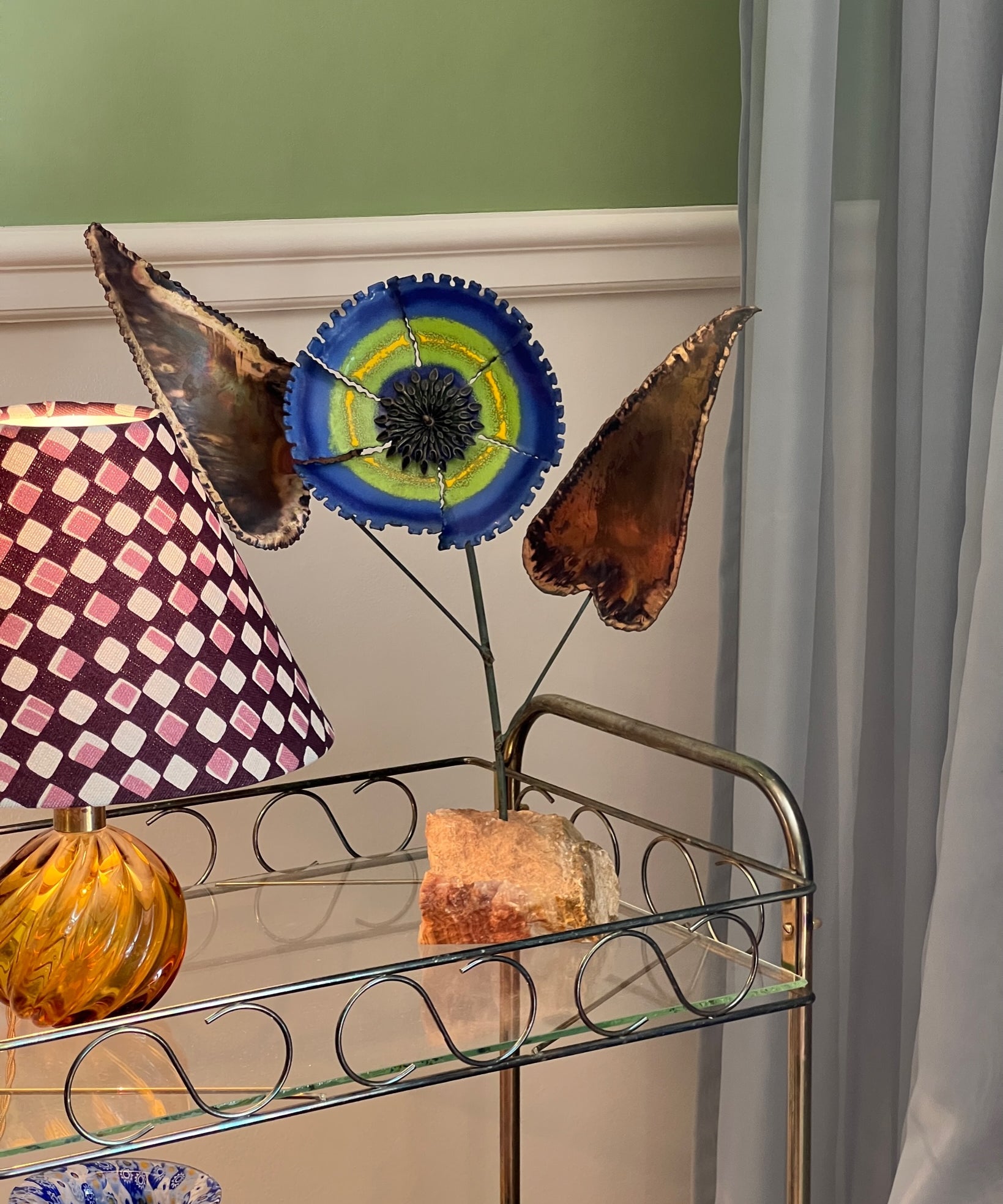 Vintage Curtis Jere blue enamel flower sculpture (stand or wall)