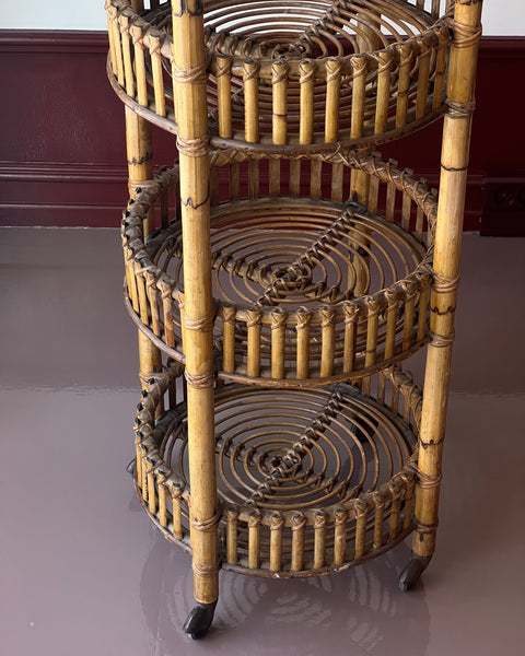 Vintage rattan table / etageres with wheels