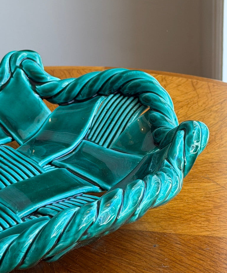 Vintage green ceramic basket