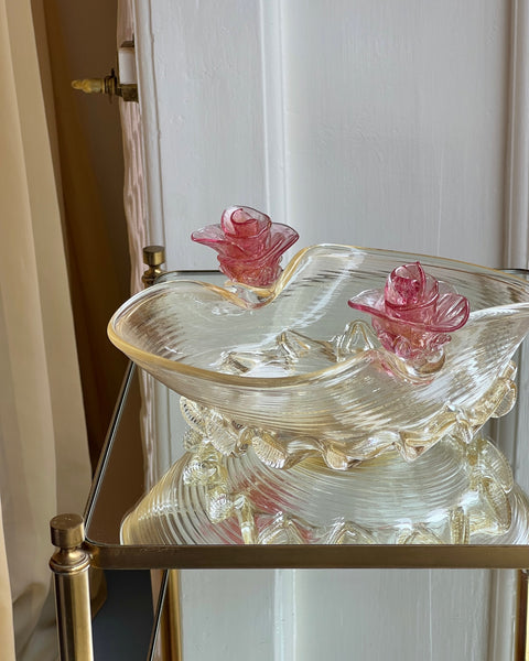 Vintage golden Murano bowl with pink flowers
