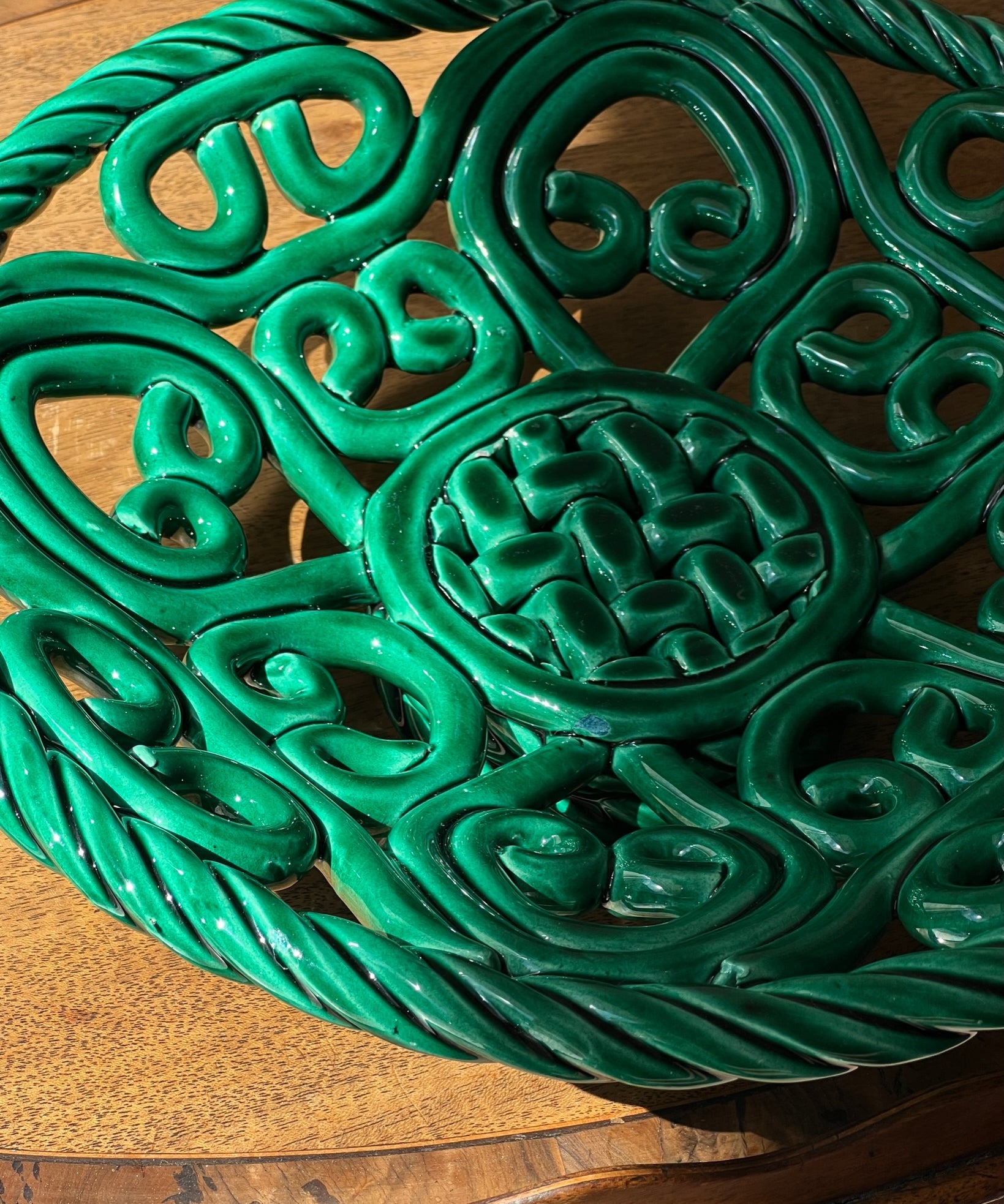 Vintage green ceramic basket