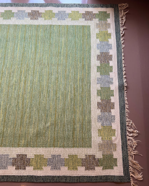 Vintage green flat weave rug by Ingegerd Silow (IS)