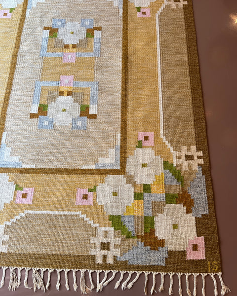 Vintage brown muli-coloured flat weave rug by Ingegerd Silow (IS)