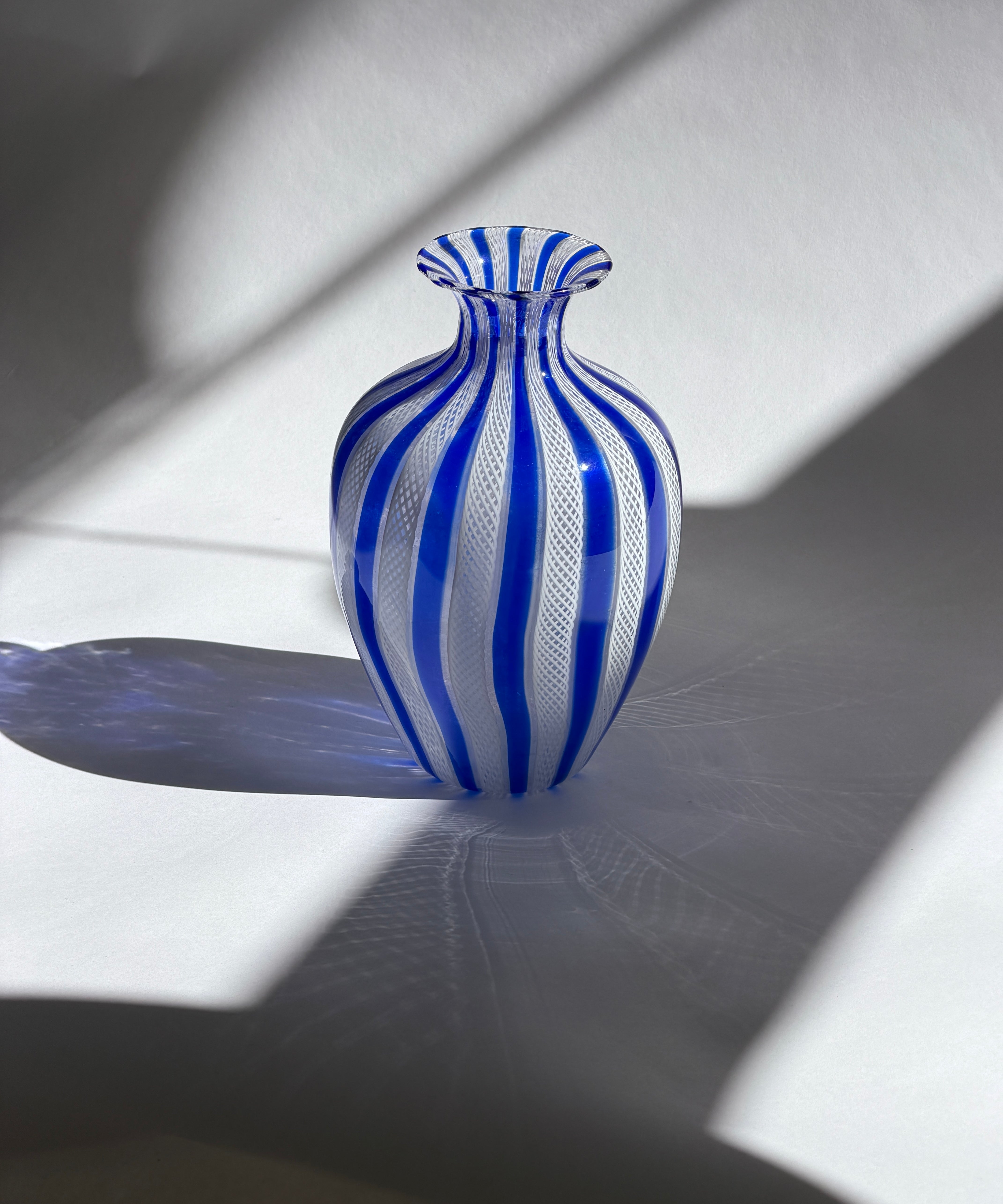 Vintage blue/white Murano latticino vase
