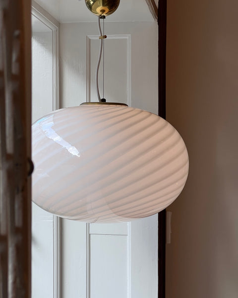 Large vintage oval white swirl Murano ceiling lamp (D50)