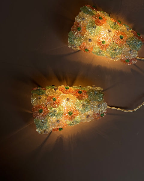 Vintage multi-coloured Murano flower wall lamps (Sold as a pair)