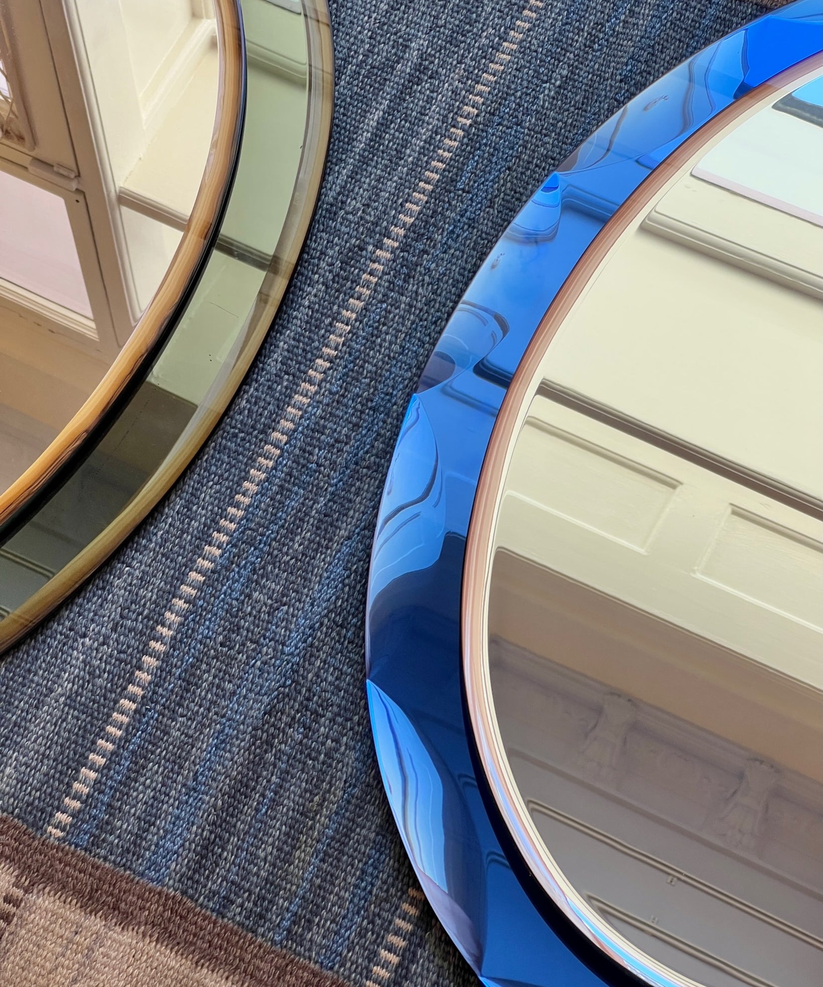 Vintage Italian mirror with blue faceted mirror frame