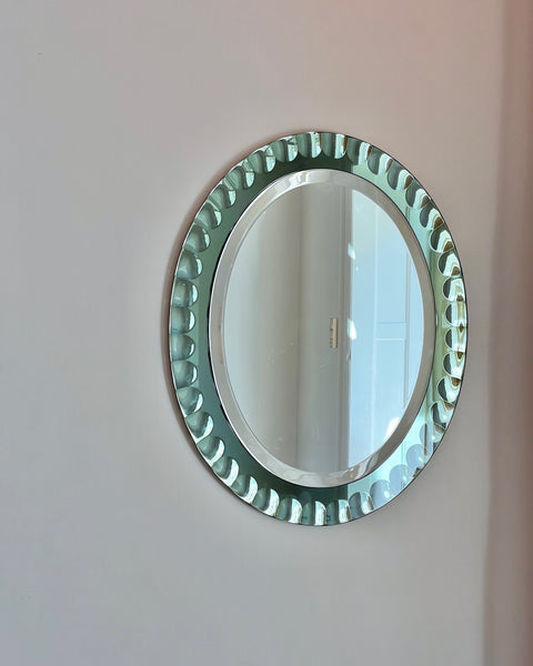 Vintage Italian mirror with green faceted mirror frame