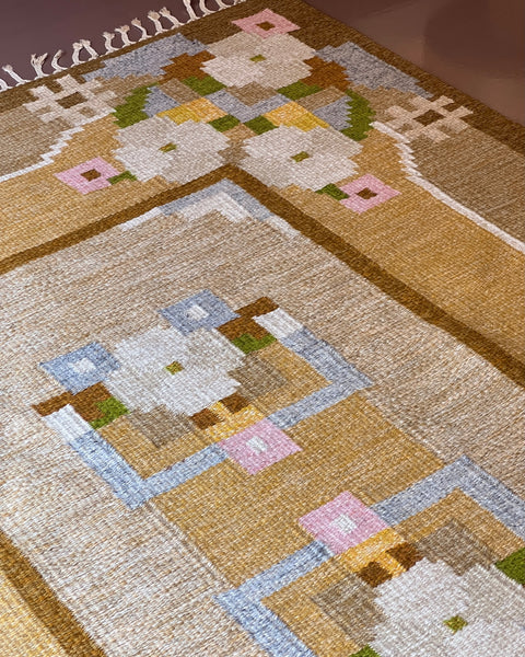 Vintage brown muli-coloured flat weave rug by Ingegerd Silow (IS)