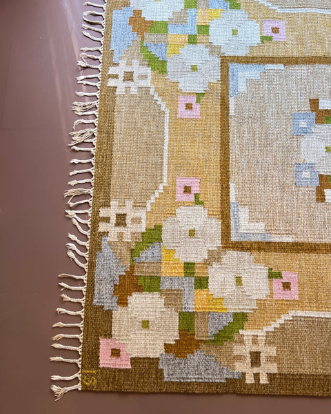 Vintage brown muli-coloured flat weave rug by Ingegerd Silow (IS)