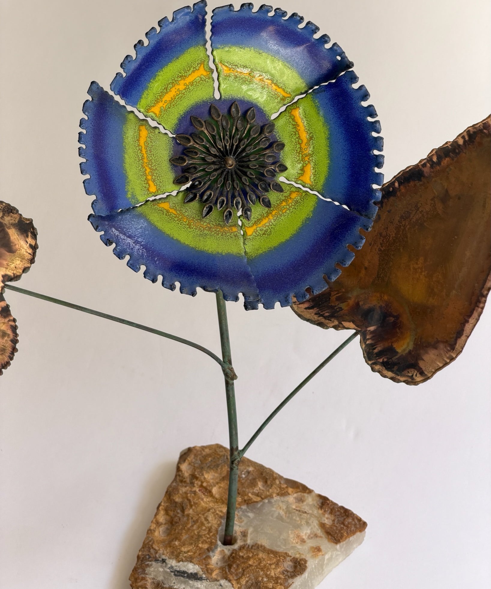 Vintage Curtis Jere blue enamel flower sculpture (stand or wall)