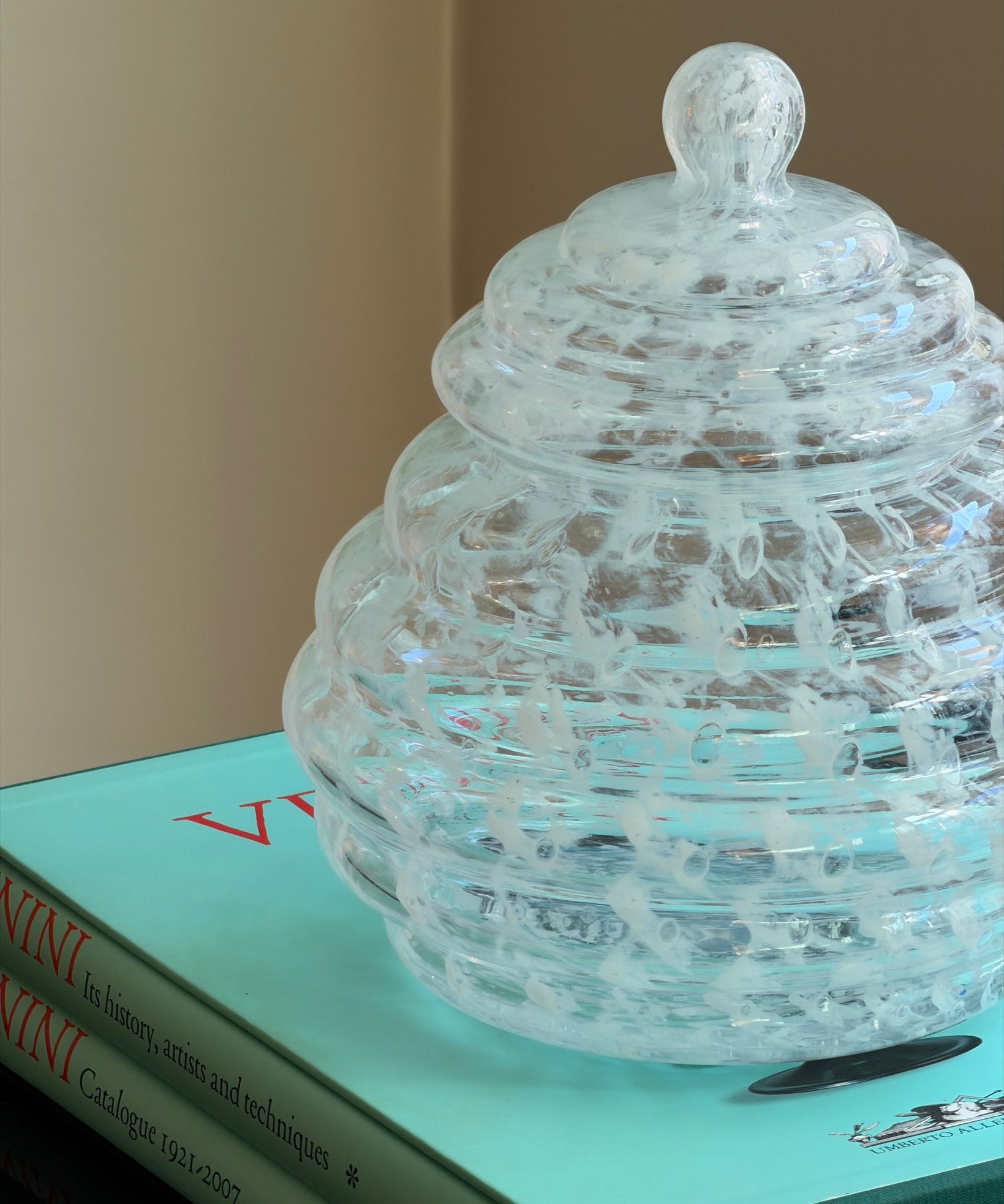 Vintage large clear/white Murano bonbonniere