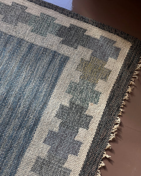 Vintage blue flat weave rug by Ingegerd Silow (IS)