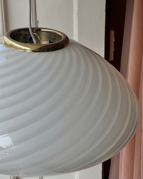 Large vintage oval white swirl Murano ceiling lamp (D50)