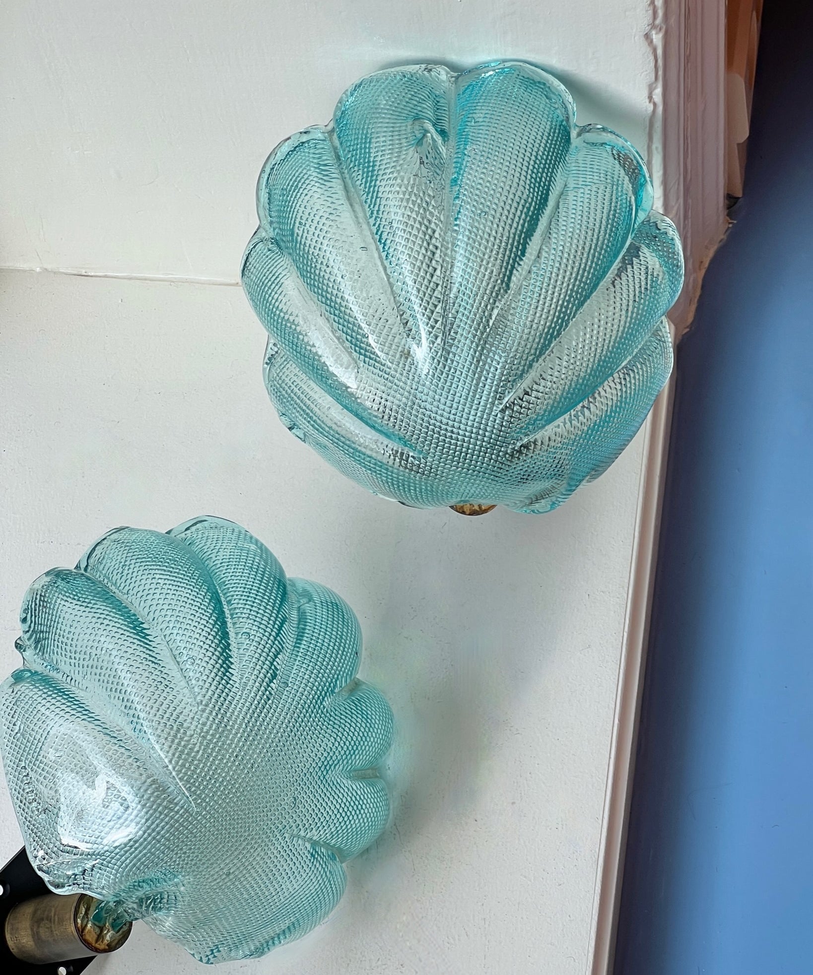 Pair of vintage blue Murano shell wall lamps
