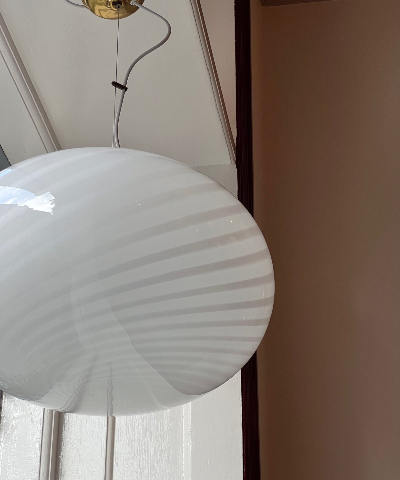 Large vintage oval white swirl Murano ceiling lamp (D50)