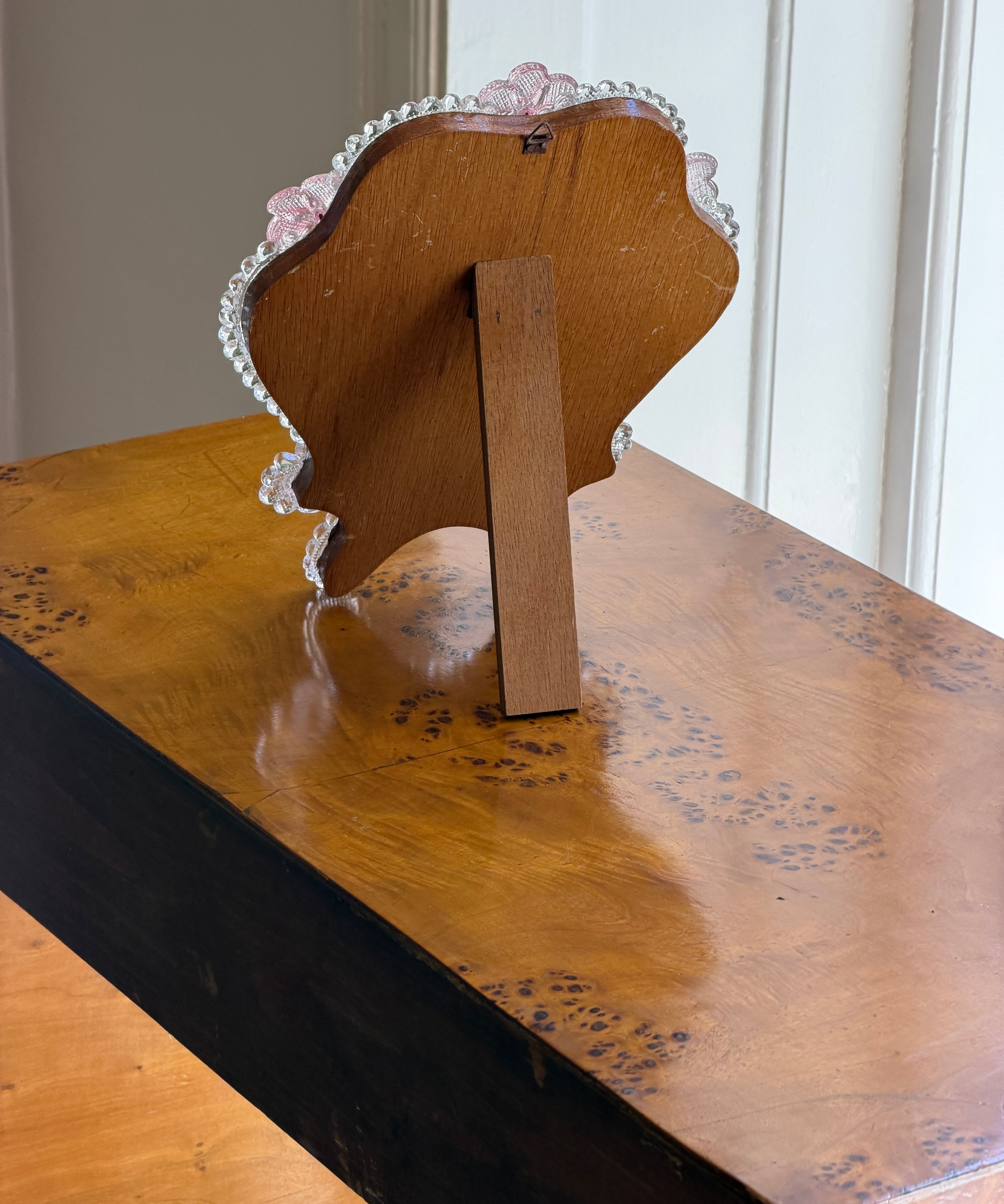 Vintage Italian table mirror with pink glass flowers