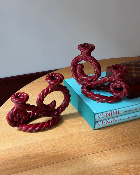 Vintage burgundy twisted ceramic candle holder (2 available)