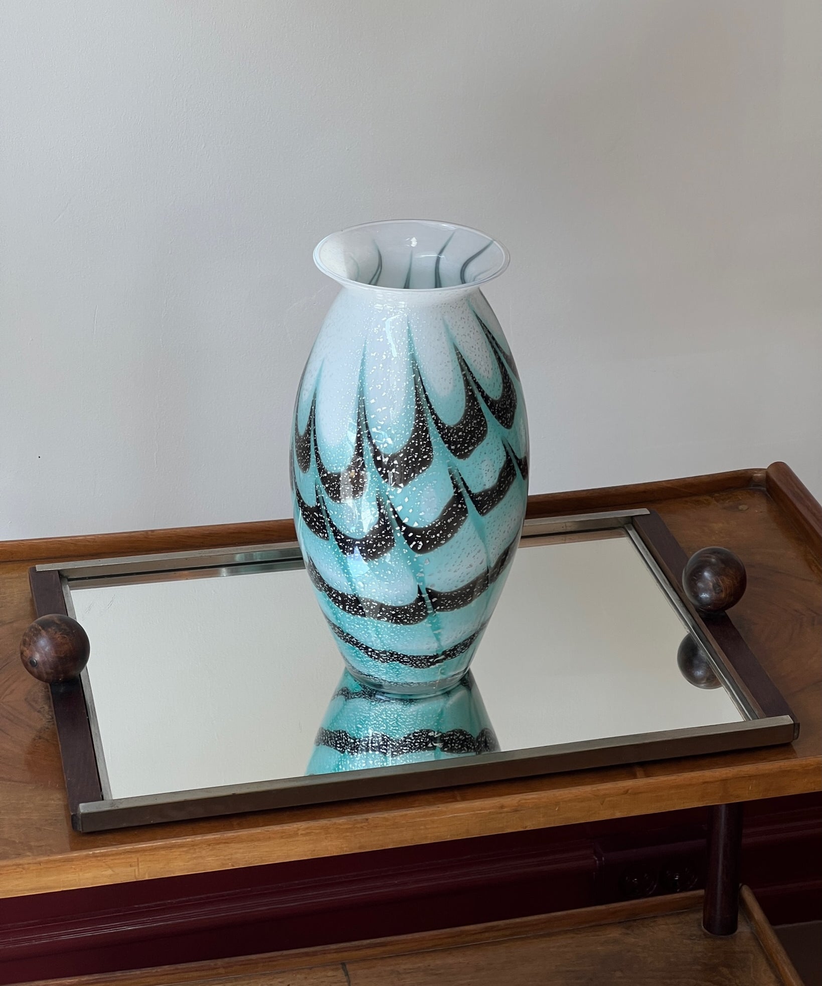 Vintage turquoise/black/silver Murano vase
