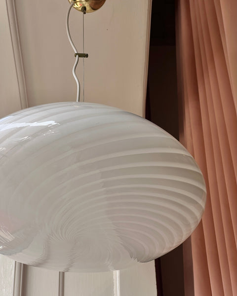 Large vintage oval white swirl Murano ceiling lamp (D50)