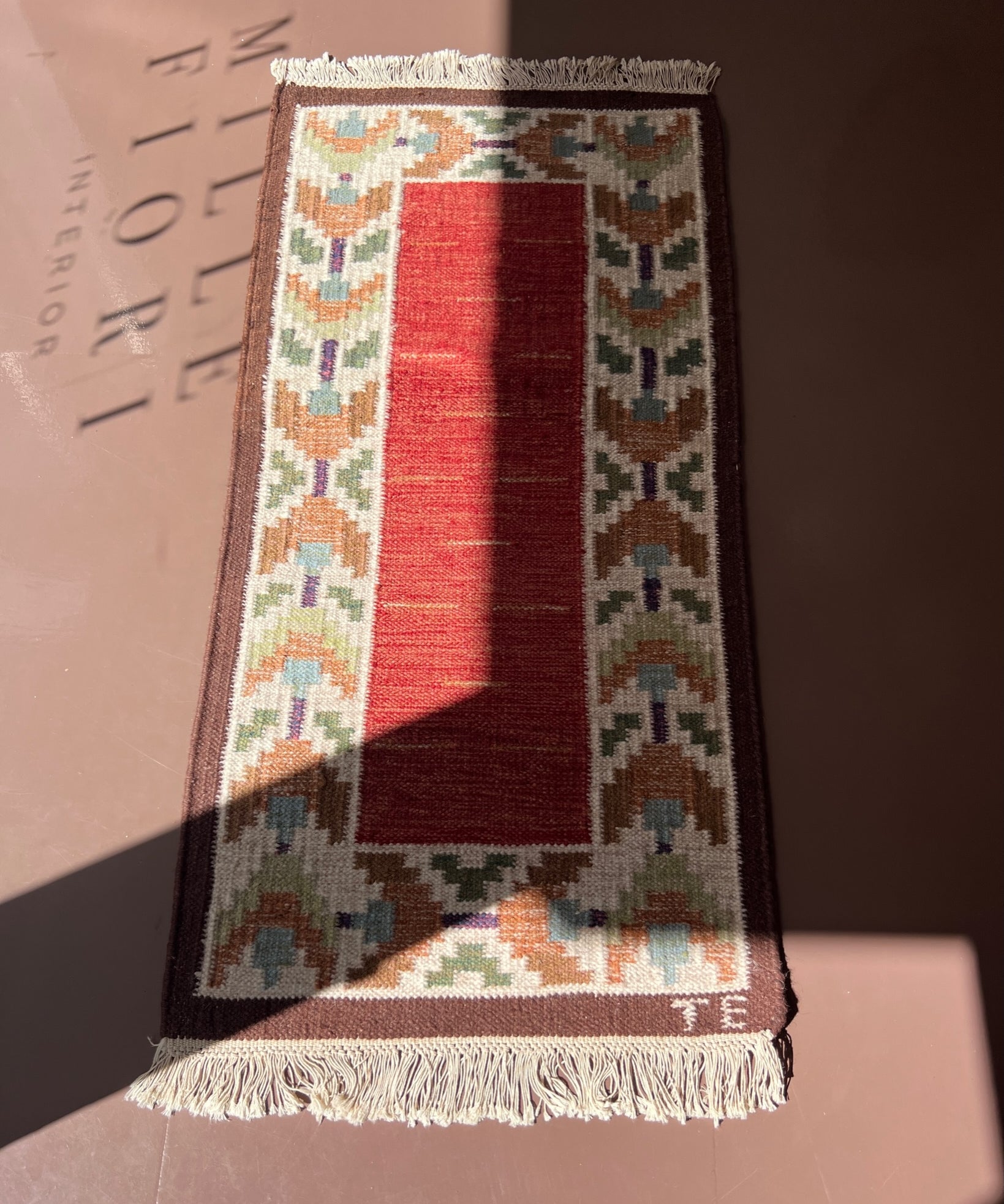 Vintage flat weave rug signed TE