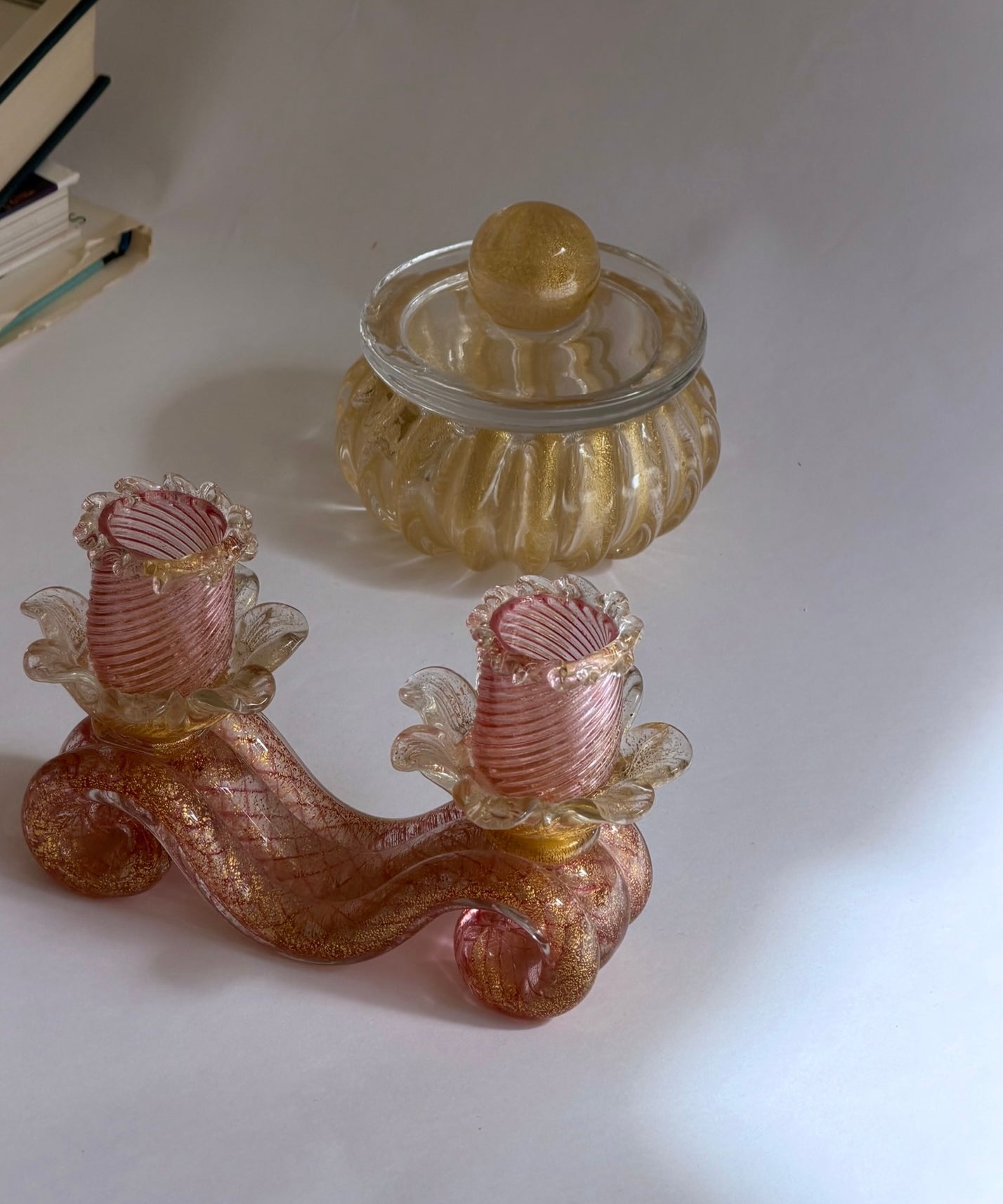 Vintage golden pink Murano candle holder