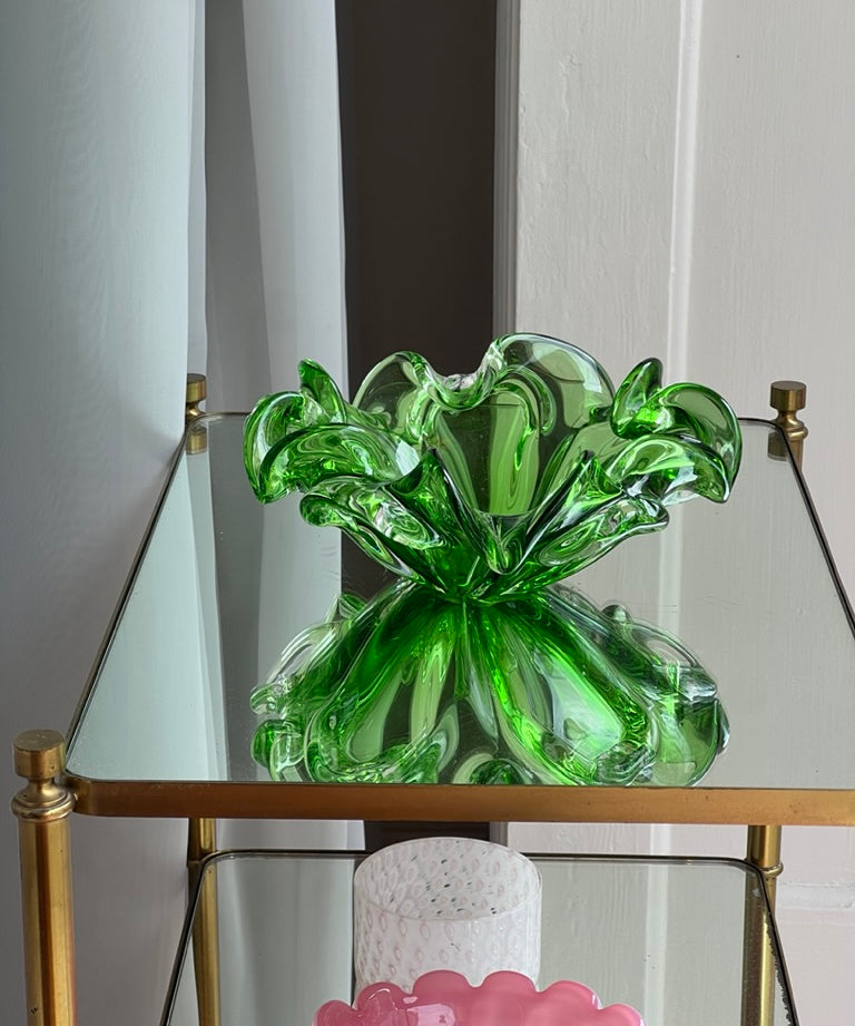 Vintage green Murano bowl with ruffled edges