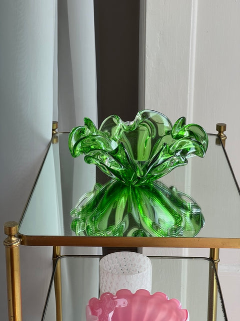 Vintage green Murano bowl with ruffled edges